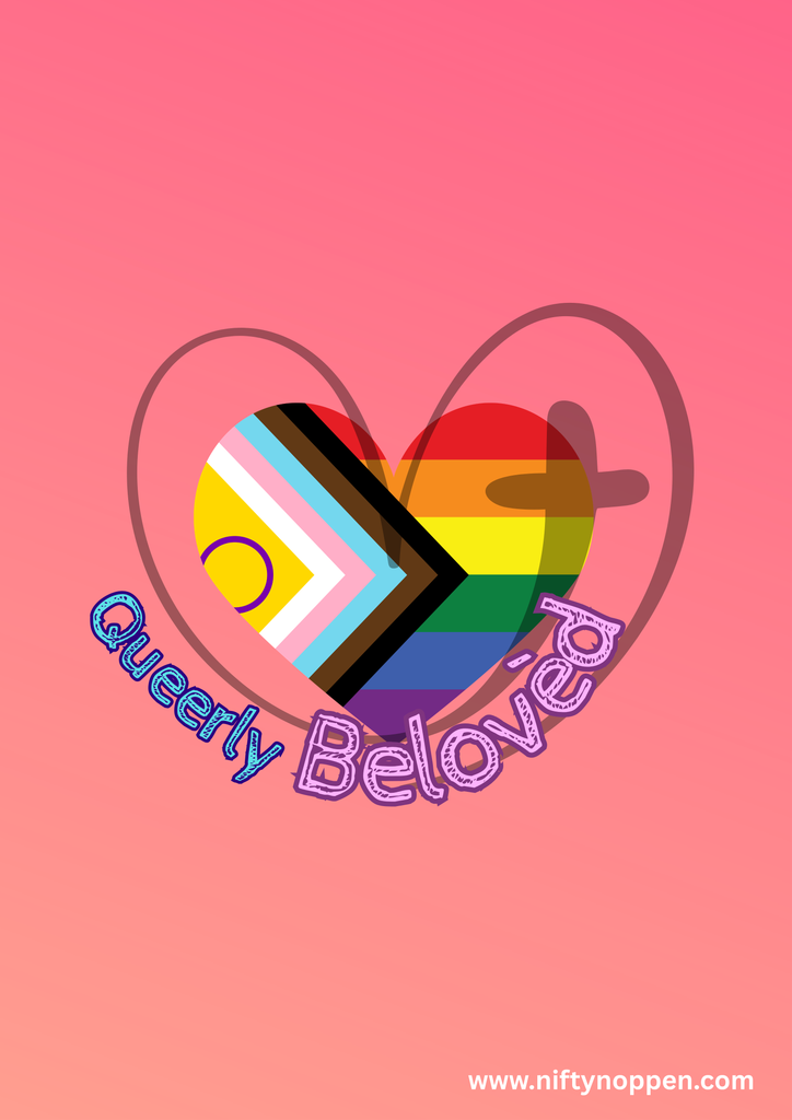 A heart-shaped emblem filled with Progress Pride and Intersex flag colours, surrounded by stylised text reading “Queerly Beloved” on a pink gradient background.