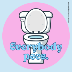 A toilet with the lid up and the words 'everybody pees'